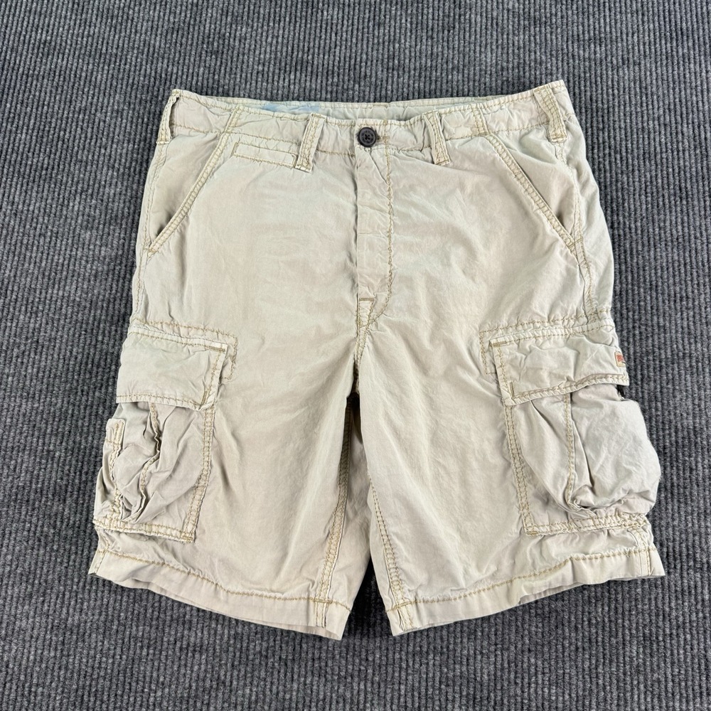 True Religion Cargo Shorts Men 36 Beige Thick Stitch Flap Pocket Streetwear